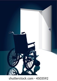 Open door with an empty wheel chair