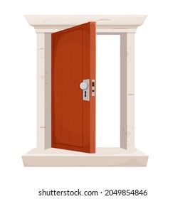Open door, entrance in cartoon style isolated on white background. Wooden doorway with stone frame. Detailed, textured element. Vector illustration