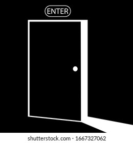 open door, entrance, light icon in white color, isolated on black background. EPS 10 vector.