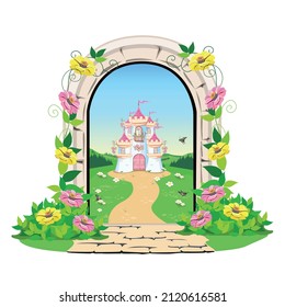 Open door to fairyland with princess castle. Vector illustration of fairy tale architecture.