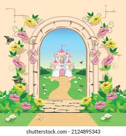 Open door to fairyland with princess castle. Vector illustration of fairy tale architecture.