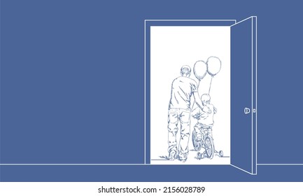 Open Door. Father Learn His Little Son To Ride A Bicycle. Concept Of Family.