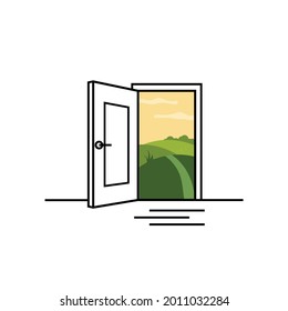 Open door with field landscape. View through open door. Flat and line vector illustration