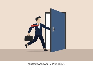 Open the door to find new opportunity, hope to find success, way to exit, escape to bright future concept, businessman open the door to see bright light coming in.