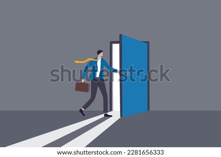 Open the door to find new opportunity, new job or get out of comfort zone, hope to find success, way to exit, escape to bright future concept, businessman open the door to see bright light coming in.