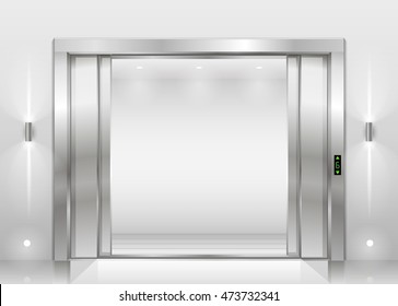 Open Door Of Freight Elevator At Hospital Or Office Building. Metal Armored Sliding Door.