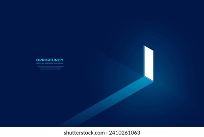 Open door in a future. Opportunity concept. Bright portal on the wall with light on the floor. Isometric blue vector illustration. New job or hope metaphor. Technology and Business. Digital door.