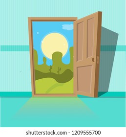 Open door to garden. Vector cartoon illustration.