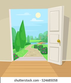 Open Door To Garden. Vector Cartoon Illustration