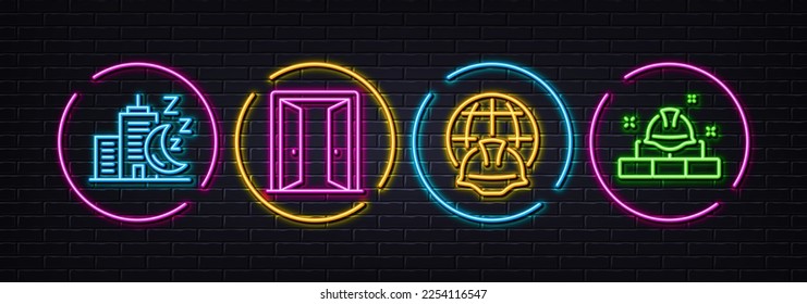 Open door, Global engineering and Night city minimal line icons. Neon laser 3d lights. Construction bricks icons. For web, application, printing. Entrance, Web architecture, Sleeping building. Vector