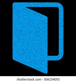 Open Door grainy textured icon for overlay watermark stamps. Flat symbol with scratched texture. Dotted vector blue ink rubber seal stamp with grunge design on a black background.