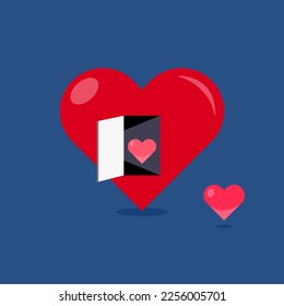 Open the door of heart with light inside and small heart behind the door to a big heart outside the door. Two hearts looking for each other. Love or Valentine's day concept.
