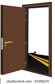 Open the door and highway with a dividing strip. The illustration on a white background.