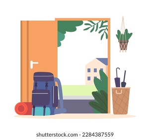 Open Door at House Hallway with Tourist Rucksack, Mat, Basket with Umbrellas Standing nearby. Concept of Travel