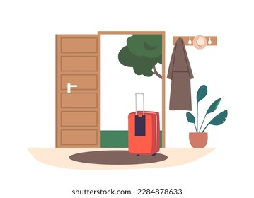 Open Door At House Hallway With Tourist Suitcase Standing Nearby. Concept Of Travel Preparation, Returning To Home