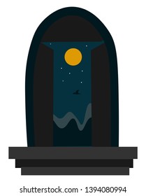 A open door of a house showing a dark night with sky moon and a bird vector color drawing or illustration