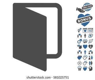Open Door icon with bonus dating pictograms. Vector illustration style is flat iconic cobalt and gray symbols on white background.