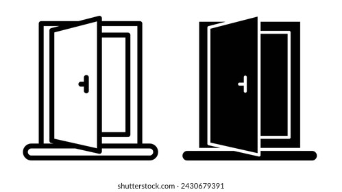 Icono de puerta abierta en estilo relleno y perfilado sobre fondo blanco