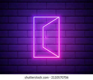 Open door icon neon. Exit. Door frame icon. Entrance symbol. Door way pictogram. Vector EPS 10. Isolated on brick wall background