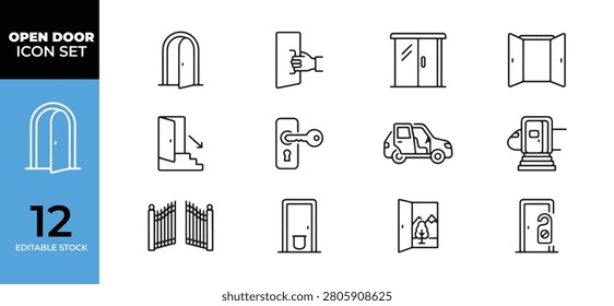 Open door icon set with various entries like arched doorway, sliding glass door, double doors, emergency exit and more.