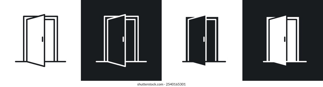 Conjunto de ícones de porta aberta. Símbolos vetoriais em cores pretas e brancas.