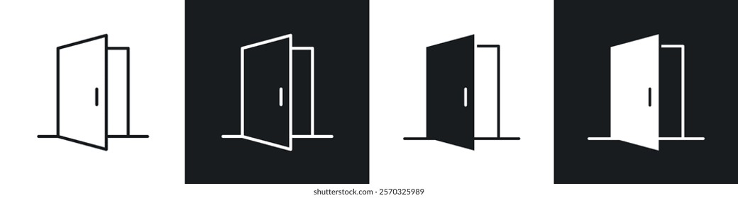 Open door icons vectors set in black. line and flat versions