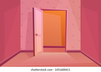 Open door. Indoors. Entering the room. Cartoon vector illustration in pink colors. 