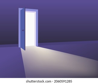 Open door in interior, discovery, ventures, oportunitites concept. Symbol new career, exit, new life. Vector illustration