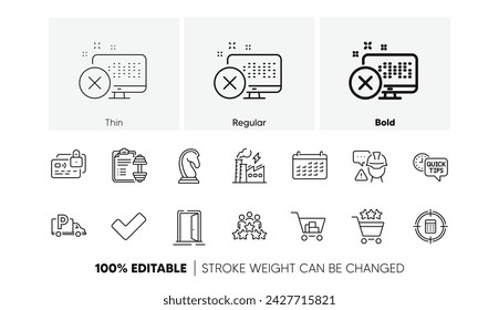 Open door, Internet shopping and Quick tips line icons. Pack of Builder warning, Calculator target, Card icon. Reject access, Dumbbell, Calendar pictogram. Shopping rating. Line icons. Vector