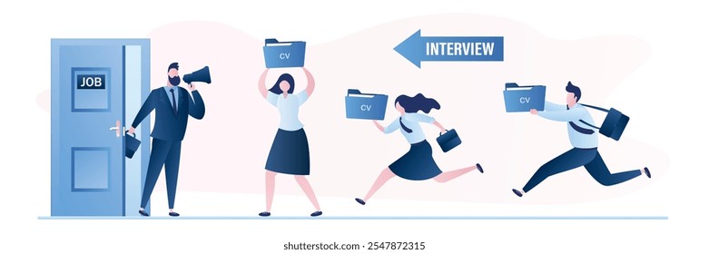 Abra a porta na sala do armário da entrevista. Empresários com cv retomam a espera e a execução. Fila de entrevistas, agência de contratação e candidatos a emprego. Personagens masculinos e femininos em estilo moderno. Ilustração vetorial