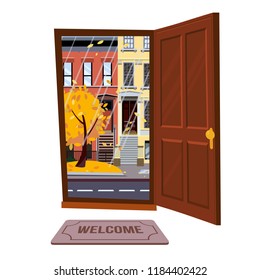 Open door into autumn rain city evening view with yellow trees. Door mat in room. Flat cartoon style vector illustration. Street cityscape.