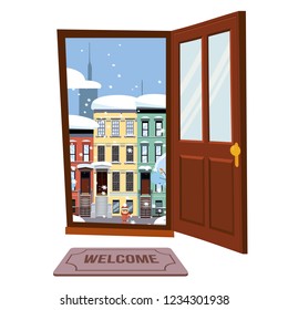 Open Door Into Autumn Snow City Evening View With Yellow Trees. Door Mat In Room. Flat Cartoon Style Vector Illustration. Three-four-story Uneven Colorful Houses, Foliage. Street Cityscape.