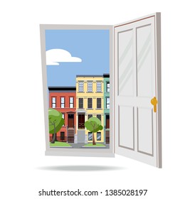 Open door into day summer city view with green leaves trees on white background. Flat cartoon style vector illustration. Three-four-story uneven colorful town houses outside. Street cityscape