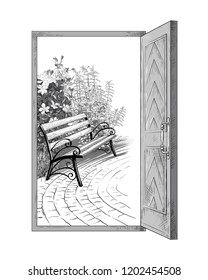 Open door into garden view. 
  Bench on the background of flowering bushes. Hand drawn vector illustration in vintage style. Sketch.
