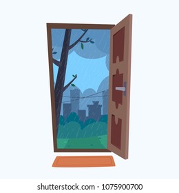 Open door into rain city view. Flat cartoon style vector illustration.