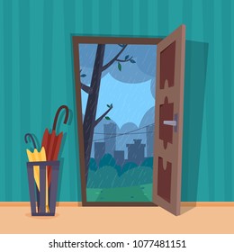 Open door into rain city view. Umbrella in room. Flat cartoon style vector illustration.