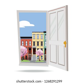 Open door into spring city view with blooming pink trees on white background. Flat cartoon style vector illustration. Three-four-story uneven colorful town houses outside. Street cityscape.