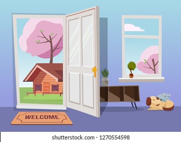 Open door into spring landscape view with blooming trees. Flat cartoon vector illustration. Trees with round crown under blue sky. Hallway interior with window overlooking suburb with old house