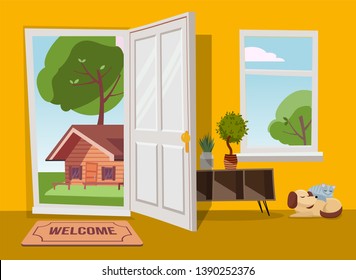Open door into summer country landscape view with green trees. Flat cartoon vector illustration. Trees with round crown under blue sky. Hallway interior with window overlooking suburb old house