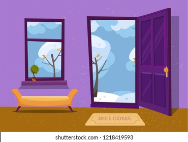 Open door into winter landscape cloudy view with snowy trees. Door mat and yellow bench in room. Flat cartoon textured purple vector illustration. Trees with round crown under clouds sky