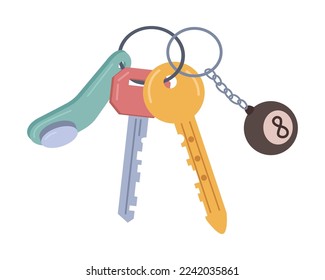 Open door keys, real estate security object, realtor keyholder souvenir. Home, apartment or house open tool, keyring of keyholder cartoon vector illustration. Keyring with trinket, ring with pendants