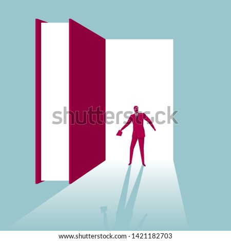 Open the door to knowledge. Isolated on blue background.