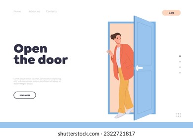 Open door landing page design template with curious woman character come in through free doorway