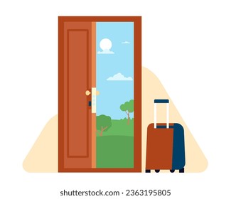 Open door with landscape and standing suitcase as symbol of beginning of journey. Summer nature scenery. Home corridor interior. House doorway. Luggage for vacation