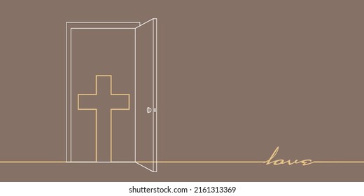 Open door leading to christianity. Concept of freedom and future. Faith and hope metaphor. Cross and love word. Thin line style