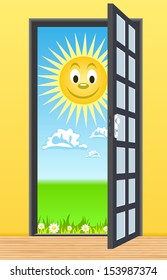Open door leading to clean nature with green grass and blue sky