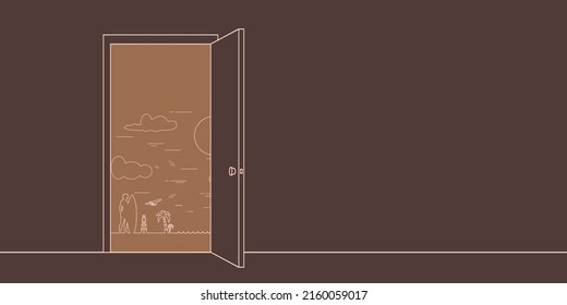 Open door leading to lady posing with surfboard on sea shore