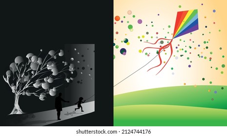 Open Door. LGBTQ Rainbow Kite Waving In The Wind. Father And A Kid Walking Through The Door Leading To The Colorful Landscape Area. Open Your Mind. Be Different And Go Your Own Way Concept. 