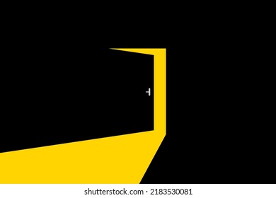 Open door with light beam on dark background. Icon of hope. Doorway in future. Black room with bright from entrance. Concept for business, vision and success. Vector.