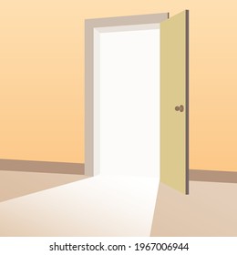 Open Door With Light Beams Going Inside Room. Symbol Of New Way, Exit, Discovery, New Opportunities. Business Motivation Concept. Vector Illustration